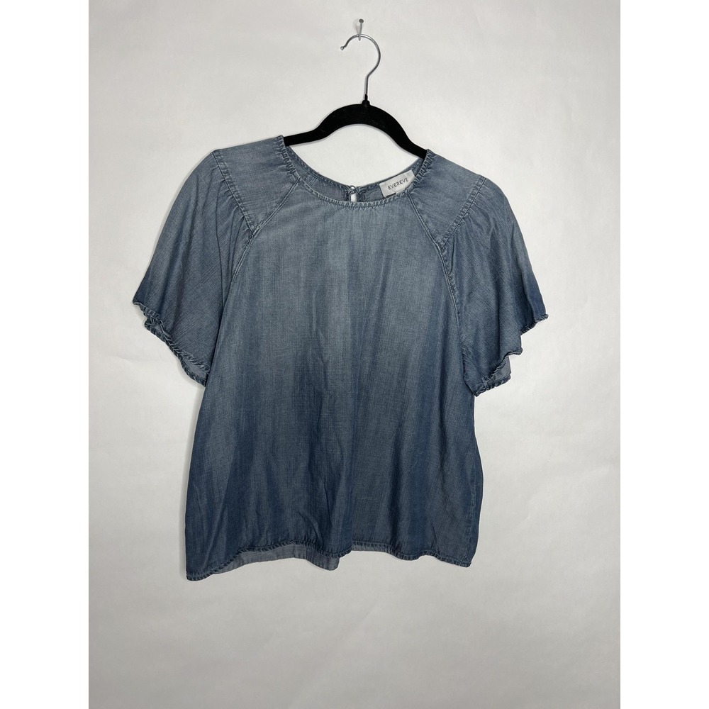 EVEREVE Blouse Womens Medium Blue Lyocell Chambray Flutter Sleeve Ruffle Top